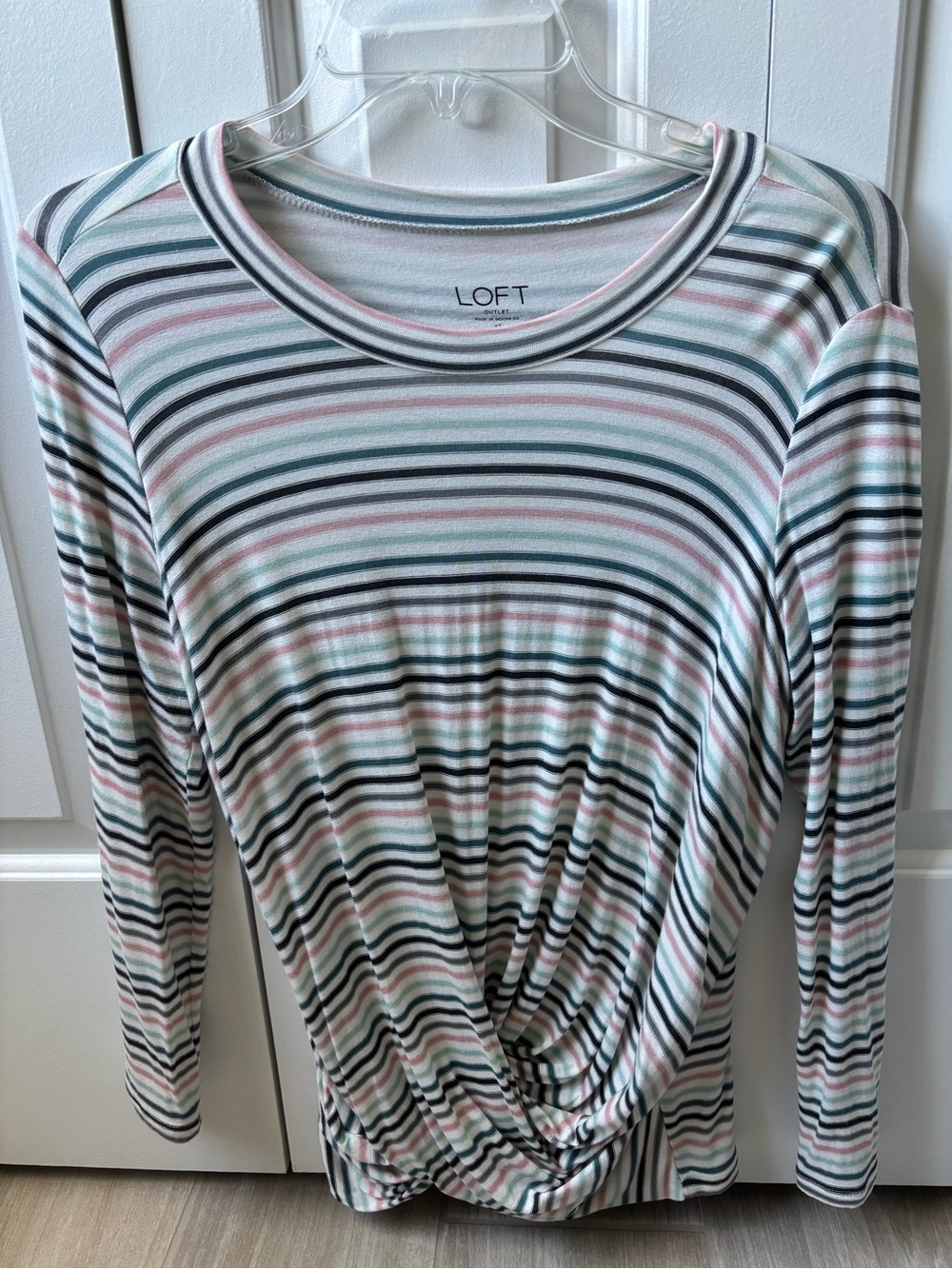 LOFT Outlet XS Women's Striped Knot-Front Long Sleeve Top in Mint & Pink
